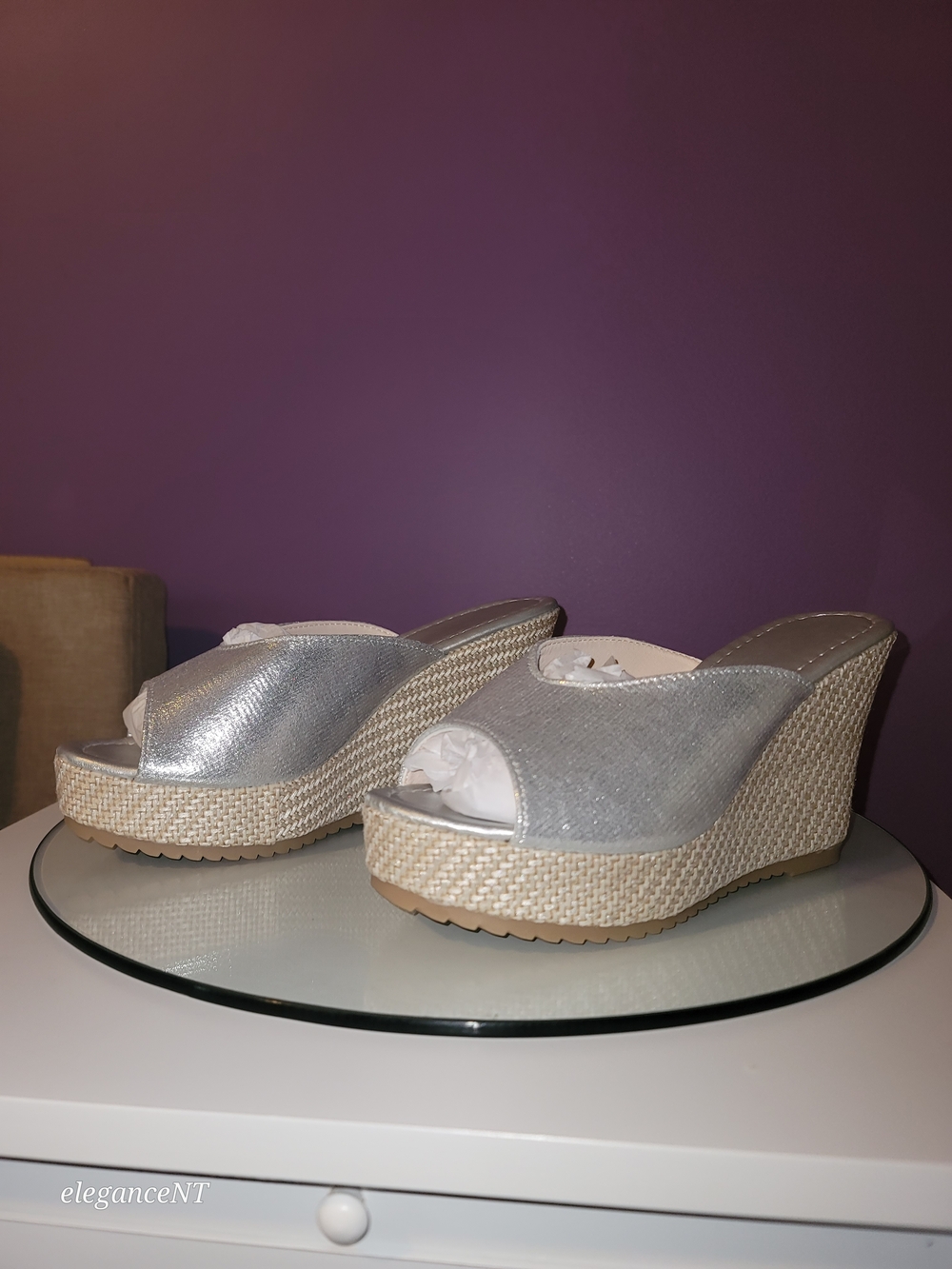 Silver Wedge Slide Sandals  Metallic Espadrille Wedges Sz: 8.5 (39) NWOT - Picture 2 of 9